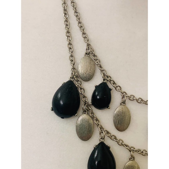 Black Teardrop Silver Oval Statement Bib Two Strand Chain Necklace Adjustable - Picture 5 of 8